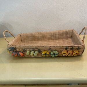 Vintage Woven Raffia Straw Rectangle Casserole Basket.  Handles. Colorful Veggie